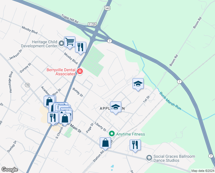 map of restaurants, bars, coffee shops, grocery stores, and more near 42 Pulliam Court in Berryville