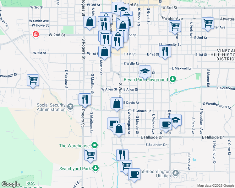 map of restaurants, bars, coffee shops, grocery stores, and more near 1023 South Walnut Street in Bloomington