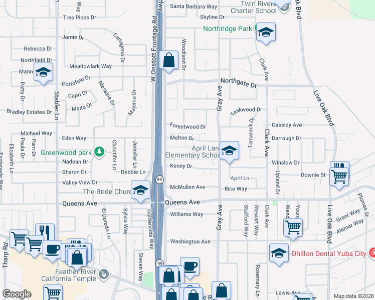 map of restaurants, bars, coffee shops, grocery stores, and more near 1217 Casita Drive in Yuba City