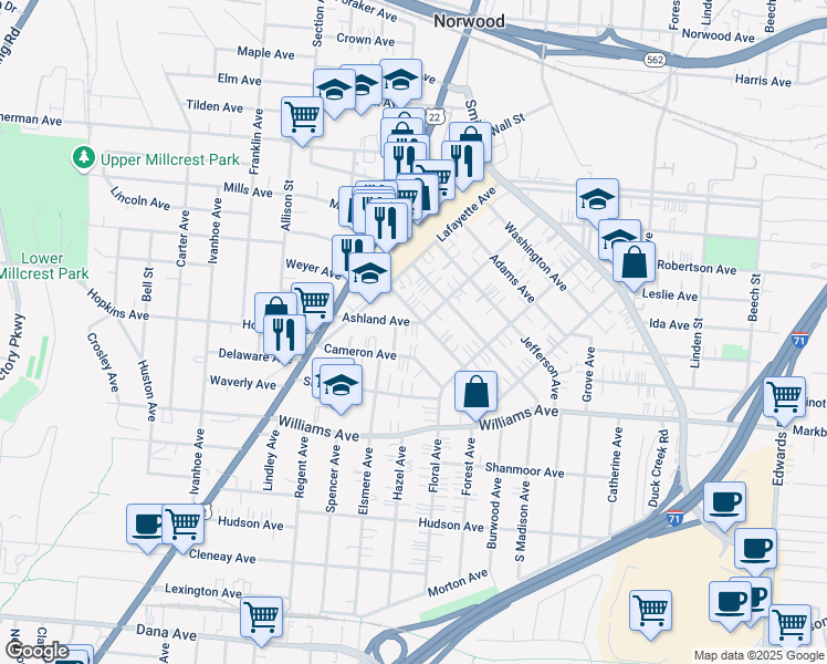 map of restaurants, bars, coffee shops, grocery stores, and more near 2230 Cameron Avenue in Cincinnati
