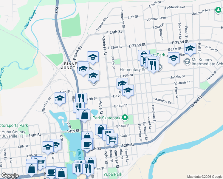 map of restaurants, bars, coffee shops, grocery stores, and more near 102 East 18th Street in Marysville