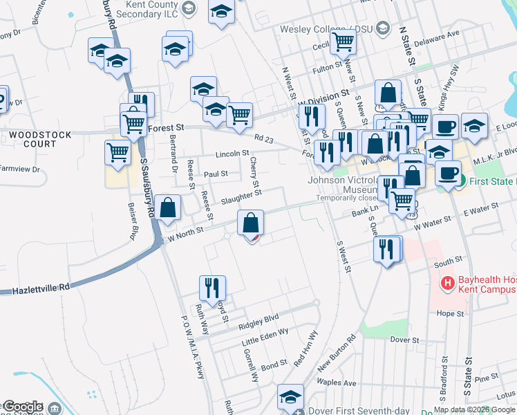 map of restaurants, bars, coffee shops, grocery stores, and more near 749 West North Street in Dover
