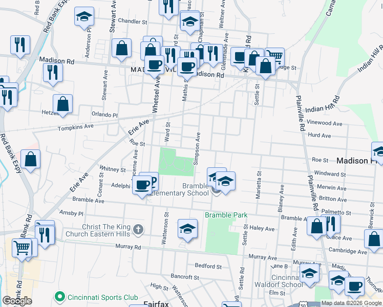 map of restaurants, bars, coffee shops, grocery stores, and more near 4446 Simpson Avenue in Cincinnati