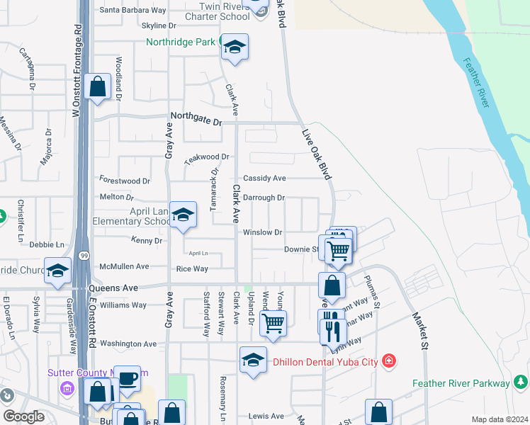 map of restaurants, bars, coffee shops, grocery stores, and more near 1648 Debra Lane in Yuba City