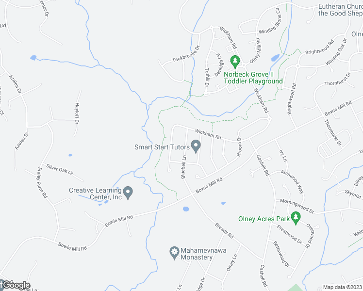 map of restaurants, bars, coffee shops, grocery stores, and more near 18308 Bluebell Lane in Olney