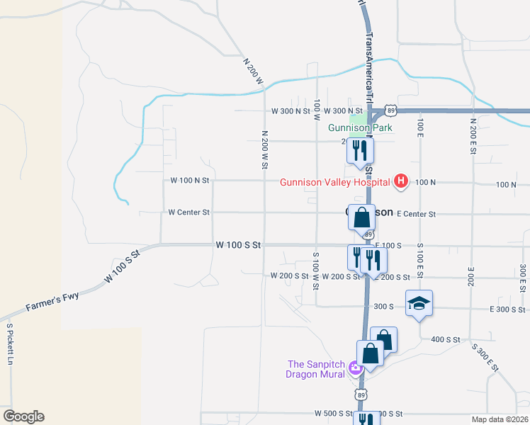 map of restaurants, bars, coffee shops, grocery stores, and more near West Center Street in Gunnison