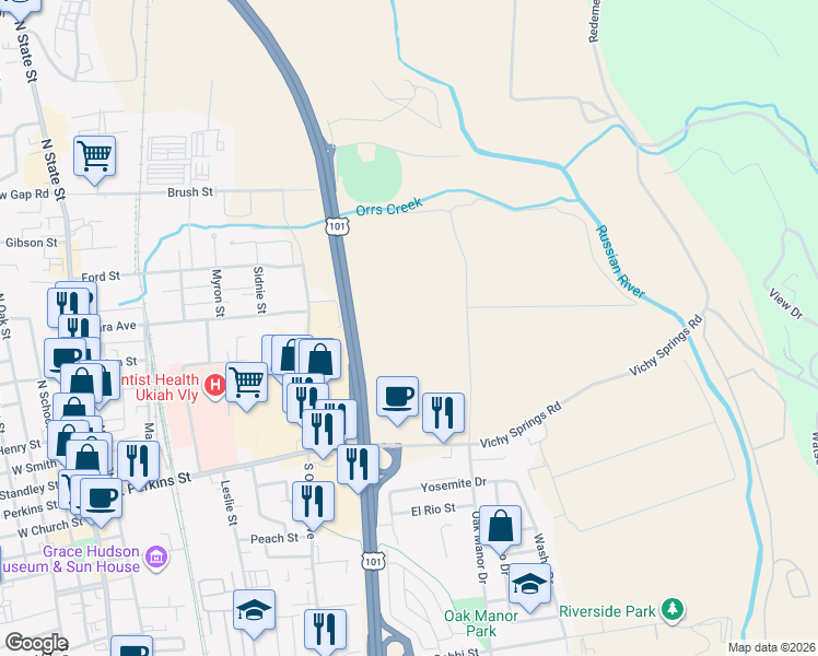 map of restaurants, bars, coffee shops, grocery stores, and more near in Ukiah