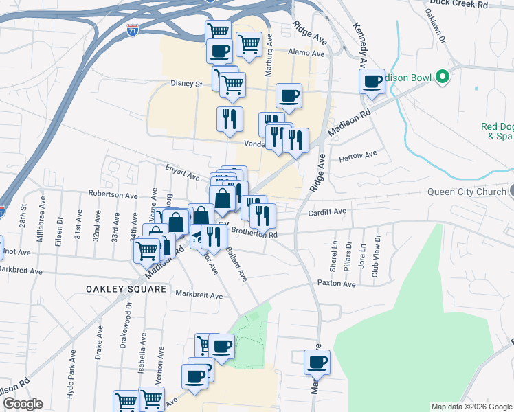 map of restaurants, bars, coffee shops, grocery stores, and more near 4415 Marburg Avenue in Cincinnati