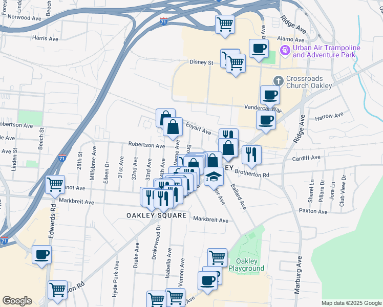 map of restaurants, bars, coffee shops, grocery stores, and more near 4224 Brownway Avenue in Cincinnati