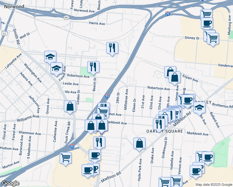 map of restaurants, bars, coffee shops, grocery stores, and more near 4220 28th Street in Cincinnati