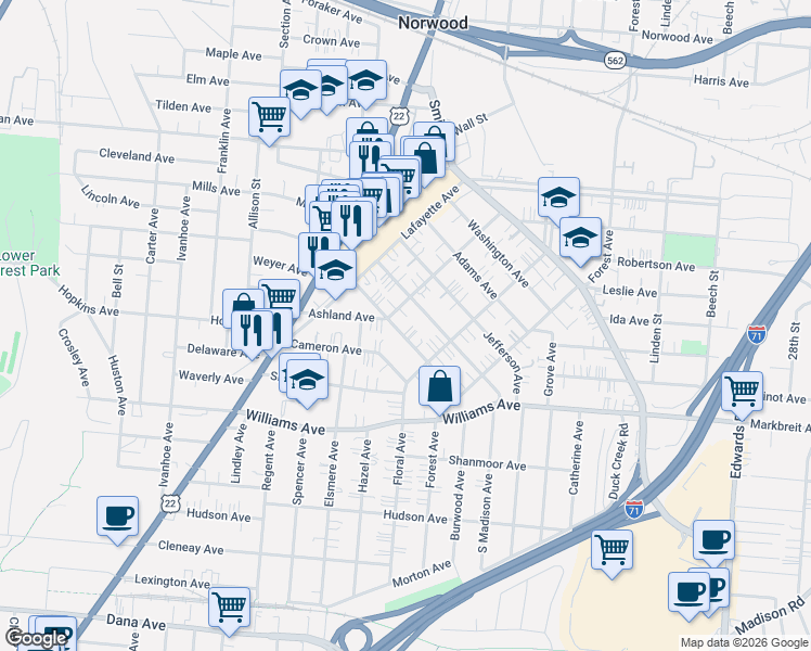 map of restaurants, bars, coffee shops, grocery stores, and more near 2230 Cameron Avenue in Cincinnati
