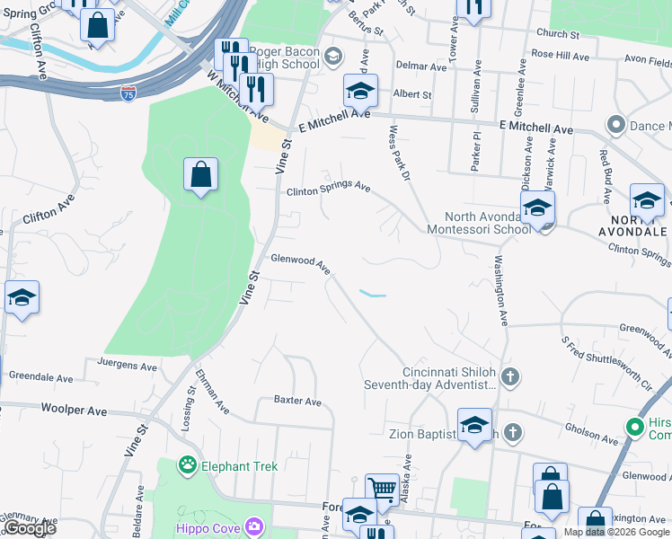map of restaurants, bars, coffee shops, grocery stores, and more near 114 Glenridge Place in Cincinnati