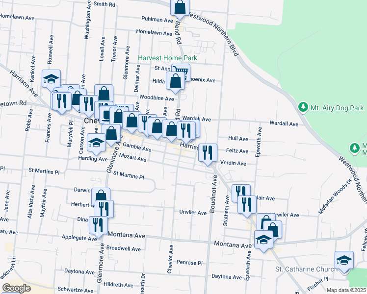 map of restaurants, bars, coffee shops, grocery stores, and more near 3323 Gamble Avenue in Cincinnati
