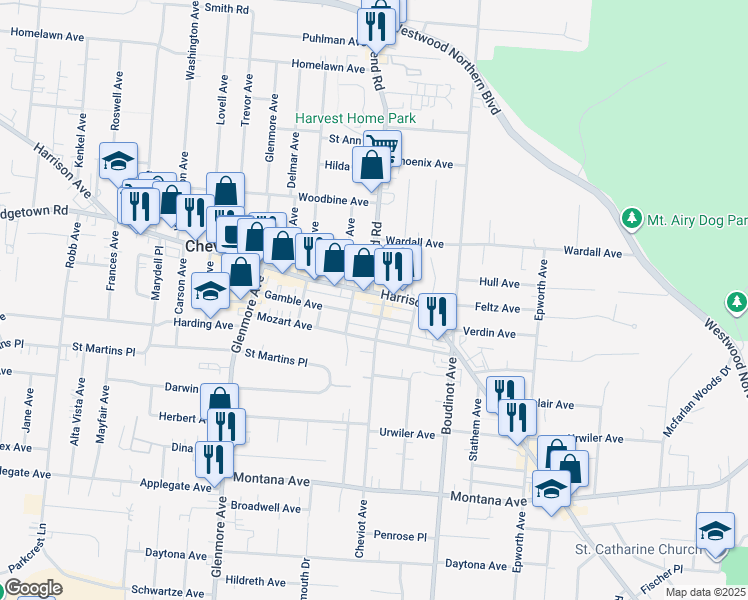 map of restaurants, bars, coffee shops, grocery stores, and more near 3323 Gamble Avenue in Cincinnati