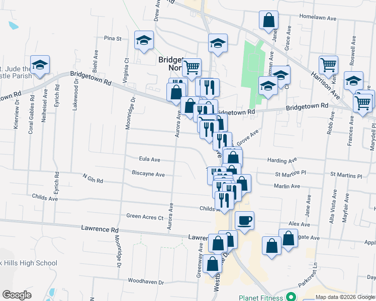 map of restaurants, bars, coffee shops, grocery stores, and more near 5528 Eula Avenue in Cincinnati