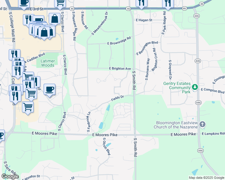 map of restaurants, bars, coffee shops, grocery stores, and more near Fields Dr in Bloomington