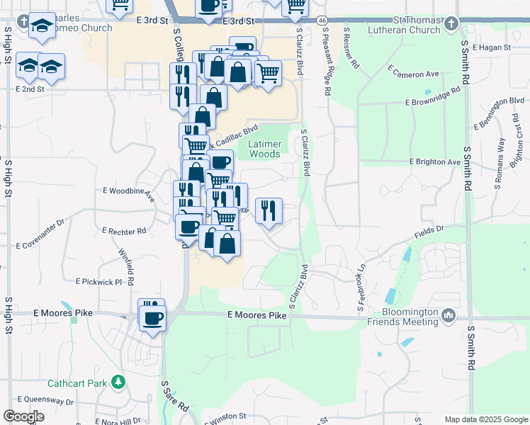 map of restaurants, bars, coffee shops, grocery stores, and more near 3165 East Covenanter Drive in Bloomington