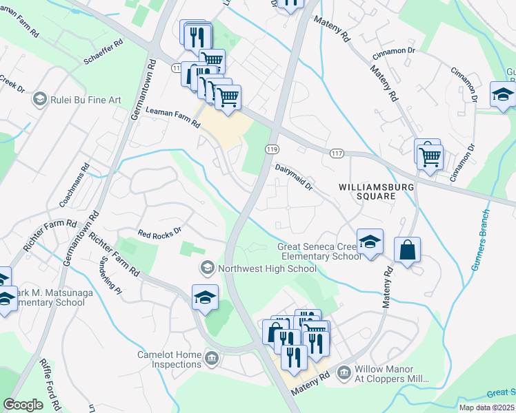map of restaurants, bars, coffee shops, grocery stores, and more near 13257 Wonderland Way in Germantown