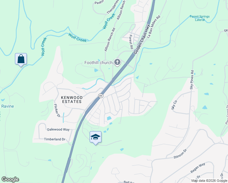 map of restaurants, bars, coffee shops, grocery stores, and more near 10206 Grinding Rock Drive in Grass Valley