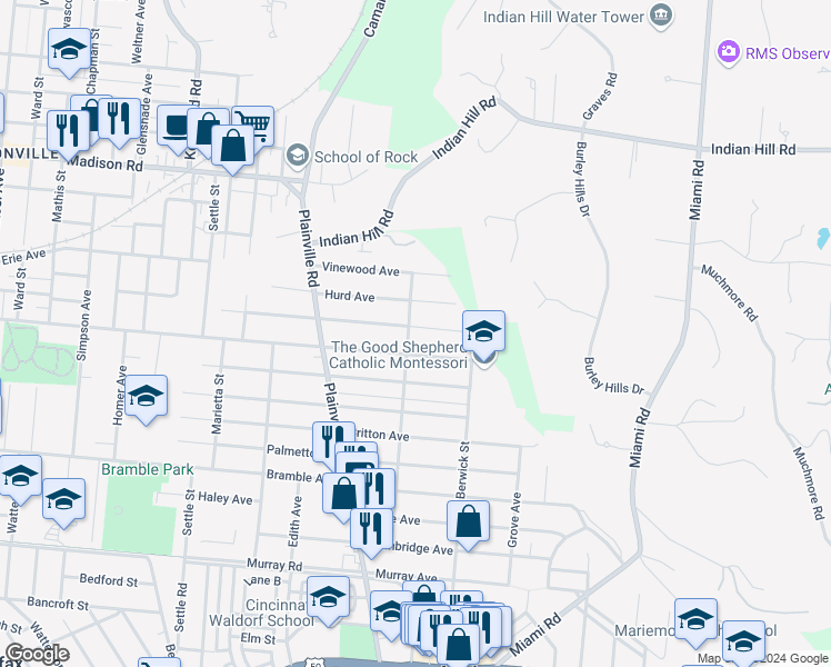 map of restaurants, bars, coffee shops, grocery stores, and more near 6913 Roe Street in Cincinnati