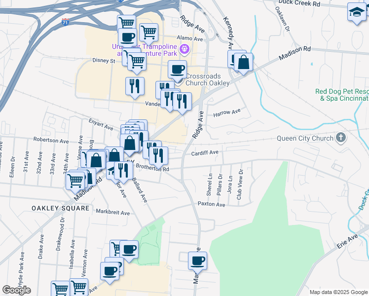 map of restaurants, bars, coffee shops, grocery stores, and more near 4345 Ridge Avenue in Cincinnati