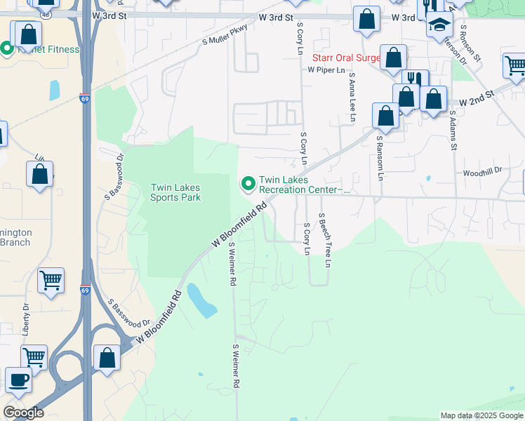 map of restaurants, bars, coffee shops, grocery stores, and more near 1247 South Lakecrest Drive in Bloomington