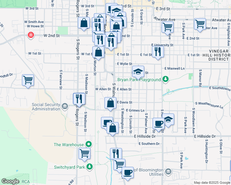 map of restaurants, bars, coffee shops, grocery stores, and more near 1009 South Walnut Street in Bloomington