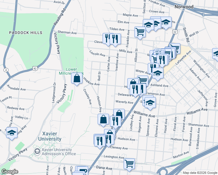 map of restaurants, bars, coffee shops, grocery stores, and more near 4119 Ivanhoe Avenue in Cincinnati