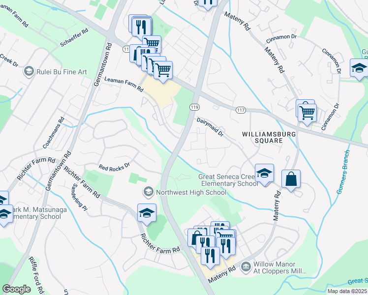 map of restaurants, bars, coffee shops, grocery stores, and more near 13257 Wonderland Way in Germantown