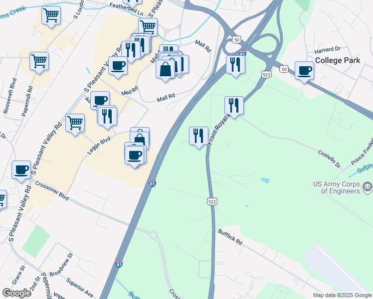 map of restaurants, bars, coffee shops, grocery stores, and more near 151 Windy Hill Lane in Winchester