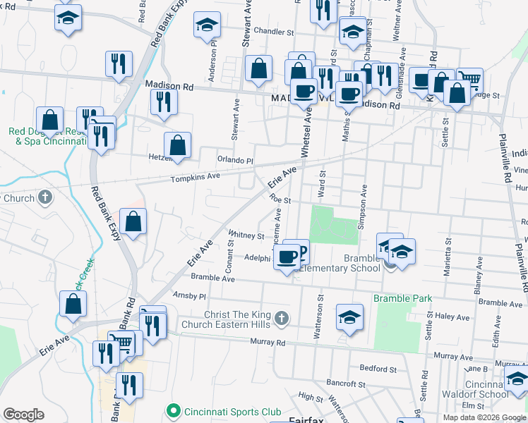 map of restaurants, bars, coffee shops, grocery stores, and more near 4540 Erie Avenue in Cincinnati