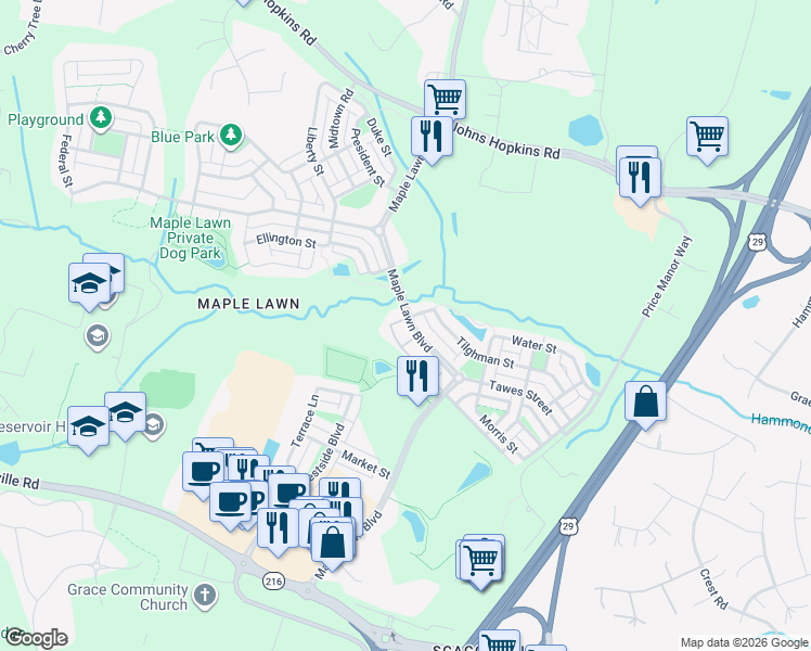 map of restaurants, bars, coffee shops, grocery stores, and more near 7803 Tuckahoe Court in Fulton