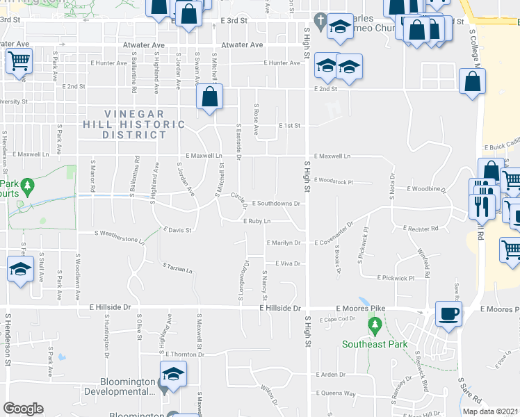 map of restaurants, bars, coffee shops, grocery stores, and more near 1821 East Southdowns Drive in Bloomington