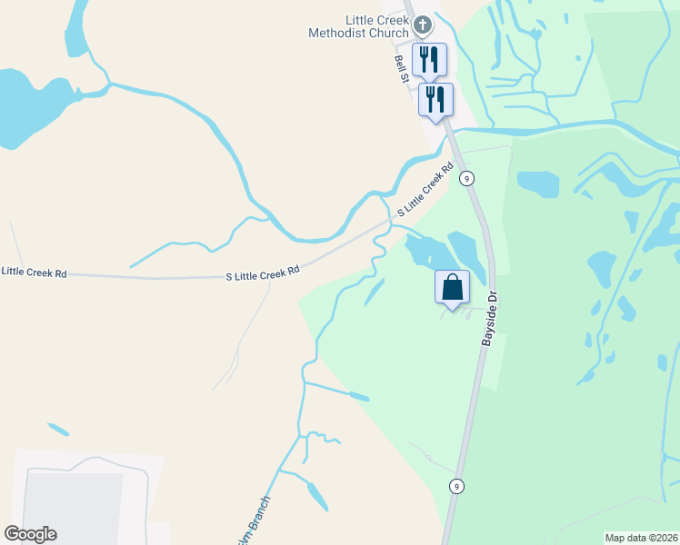 map of restaurants, bars, coffee shops, grocery stores, and more near 3352 South Little Creek Road in Dover