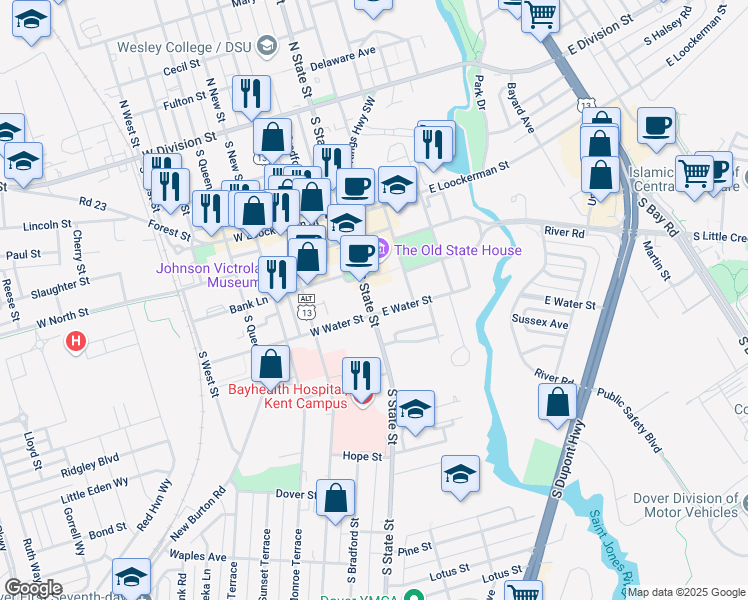 map of restaurants, bars, coffee shops, grocery stores, and more near in Dover