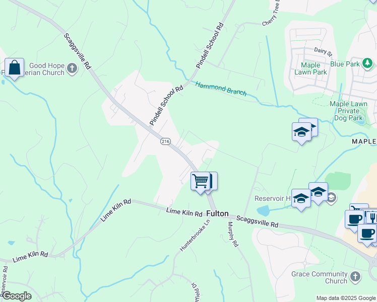 map of restaurants, bars, coffee shops, grocery stores, and more near 11900 Maryland 216 in Fulton