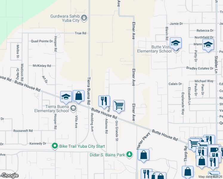 map of restaurants, bars, coffee shops, grocery stores, and more near 2323 Long Street in Yuba City