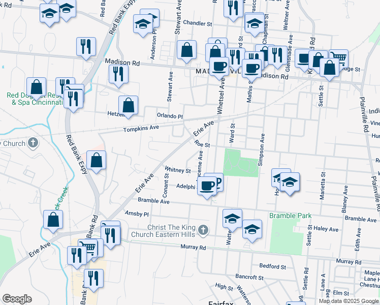 map of restaurants, bars, coffee shops, grocery stores, and more near 4540 Erie Avenue in Cincinnati