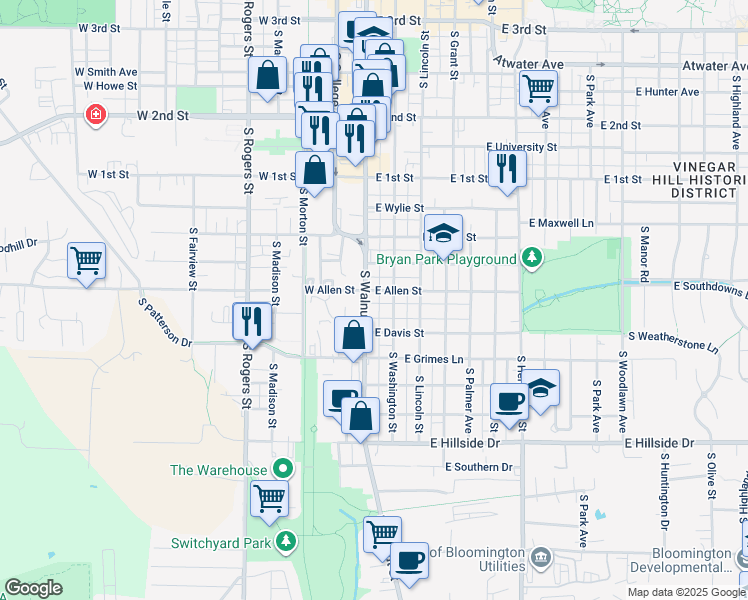 map of restaurants, bars, coffee shops, grocery stores, and more near 921 South Walnut Street in Bloomington