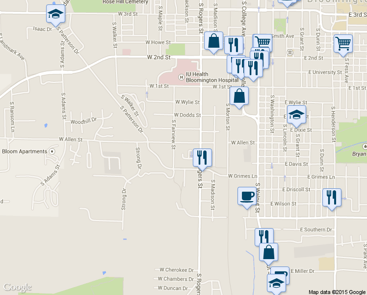map of restaurants, bars, coffee shops, grocery stores, and more near 512 West Allen Street in Bloomington