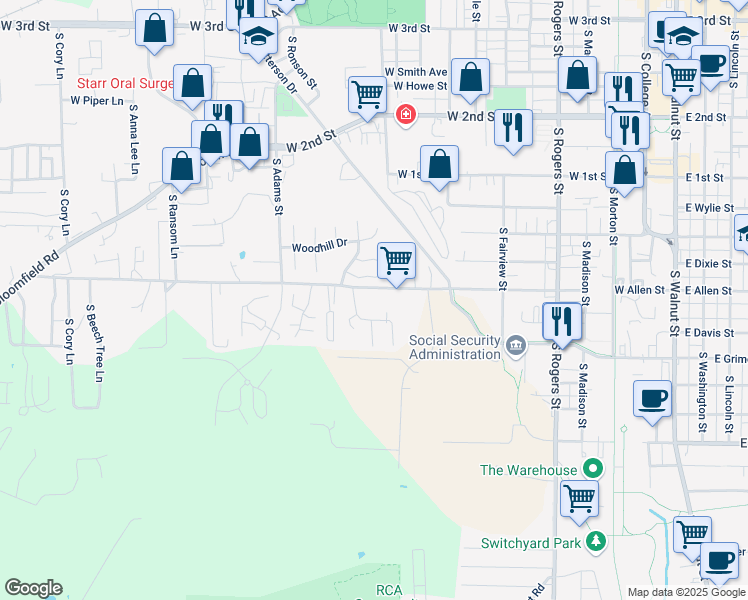 map of restaurants, bars, coffee shops, grocery stores, and more near 1213 West Green Tree Lane in Bloomington