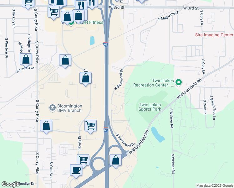 map of restaurants, bars, coffee shops, grocery stores, and more near 2801 West Heartwood Court in Bloomington
