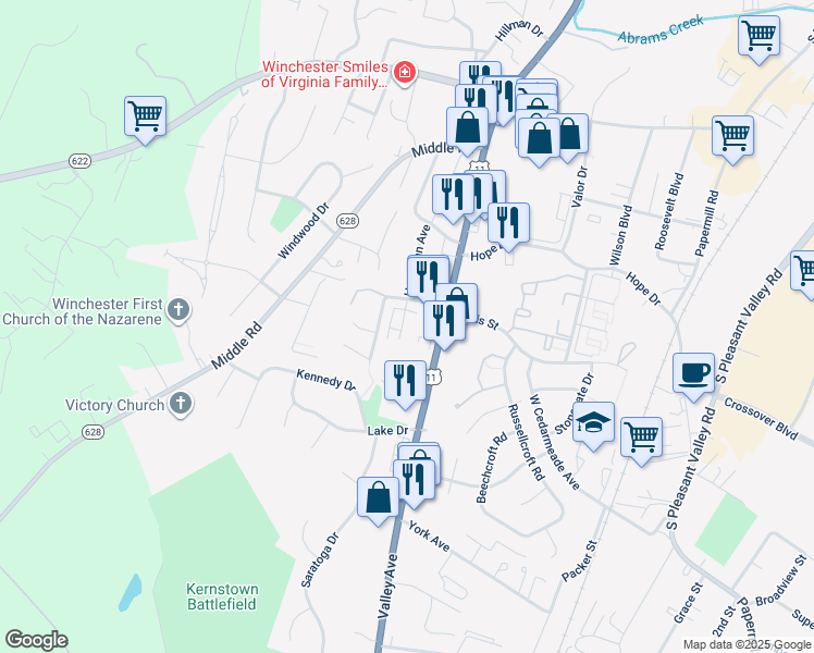 map of restaurants, bars, coffee shops, grocery stores, and more near 2644 Limestone Court in Winchester