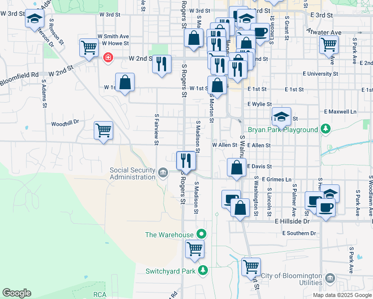 map of restaurants, bars, coffee shops, grocery stores, and more near 1105 South Rogers Street in Bloomington