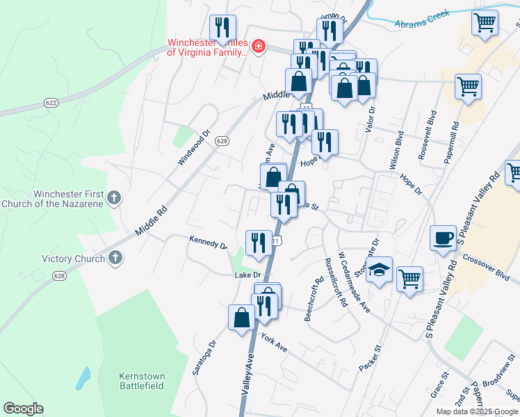 map of restaurants, bars, coffee shops, grocery stores, and more near 2644 Limestone Court in Winchester