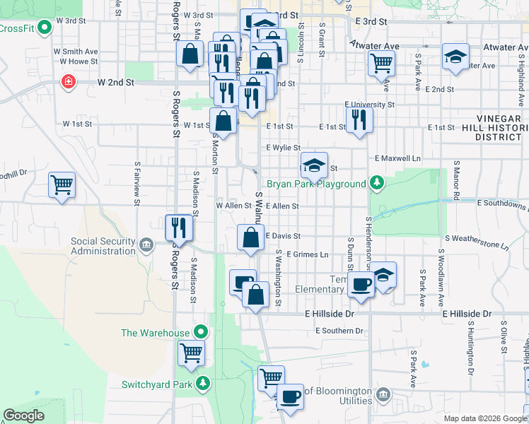 map of restaurants, bars, coffee shops, grocery stores, and more near 921 South Walnut Street in Bloomington