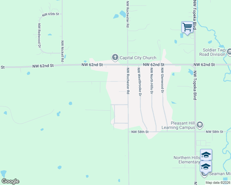 map of restaurants, bars, coffee shops, grocery stores, and more near 6045 Northwest Rochester Road in Topeka
