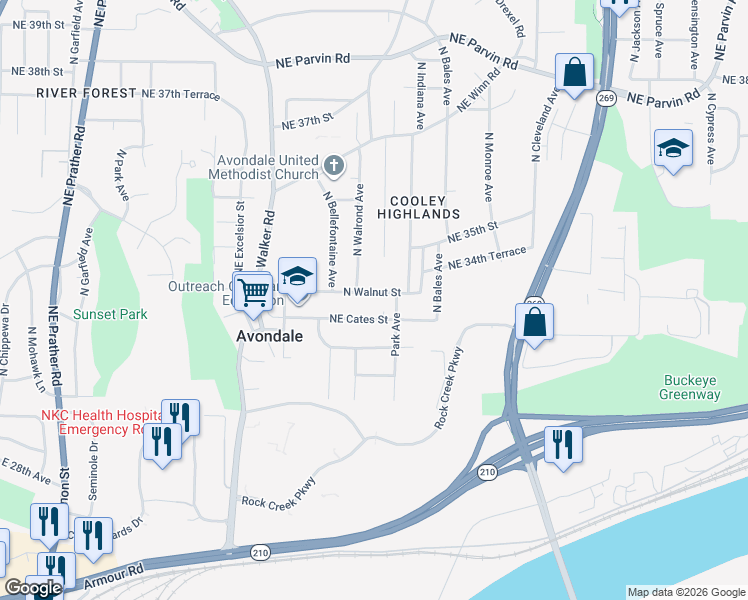 map of restaurants, bars, coffee shops, grocery stores, and more near 3218 North Walnut Street in Kansas City