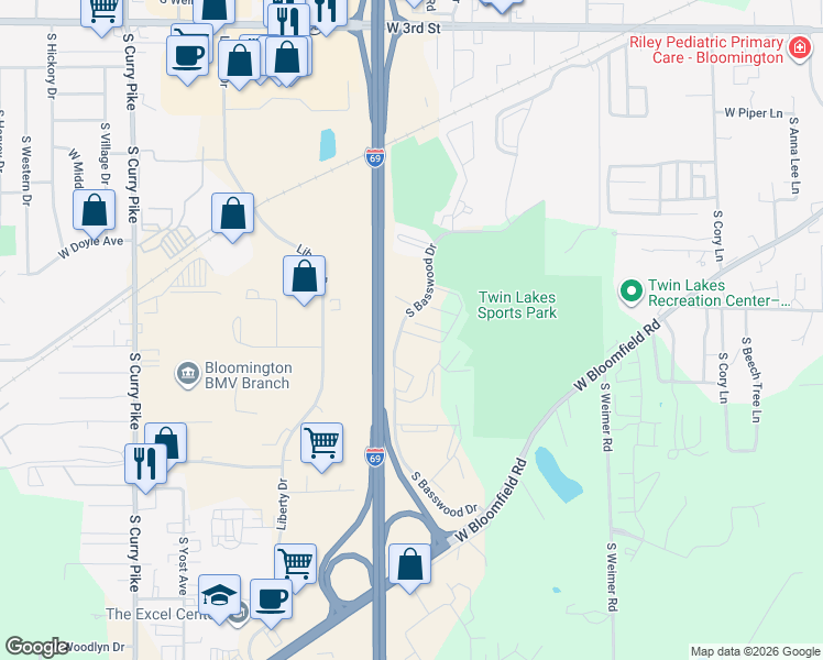 map of restaurants, bars, coffee shops, grocery stores, and more near 986 South Copper Beech Way in Bloomington