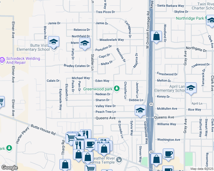 map of restaurants, bars, coffee shops, grocery stores, and more near 1551 Eden Way in Yuba City